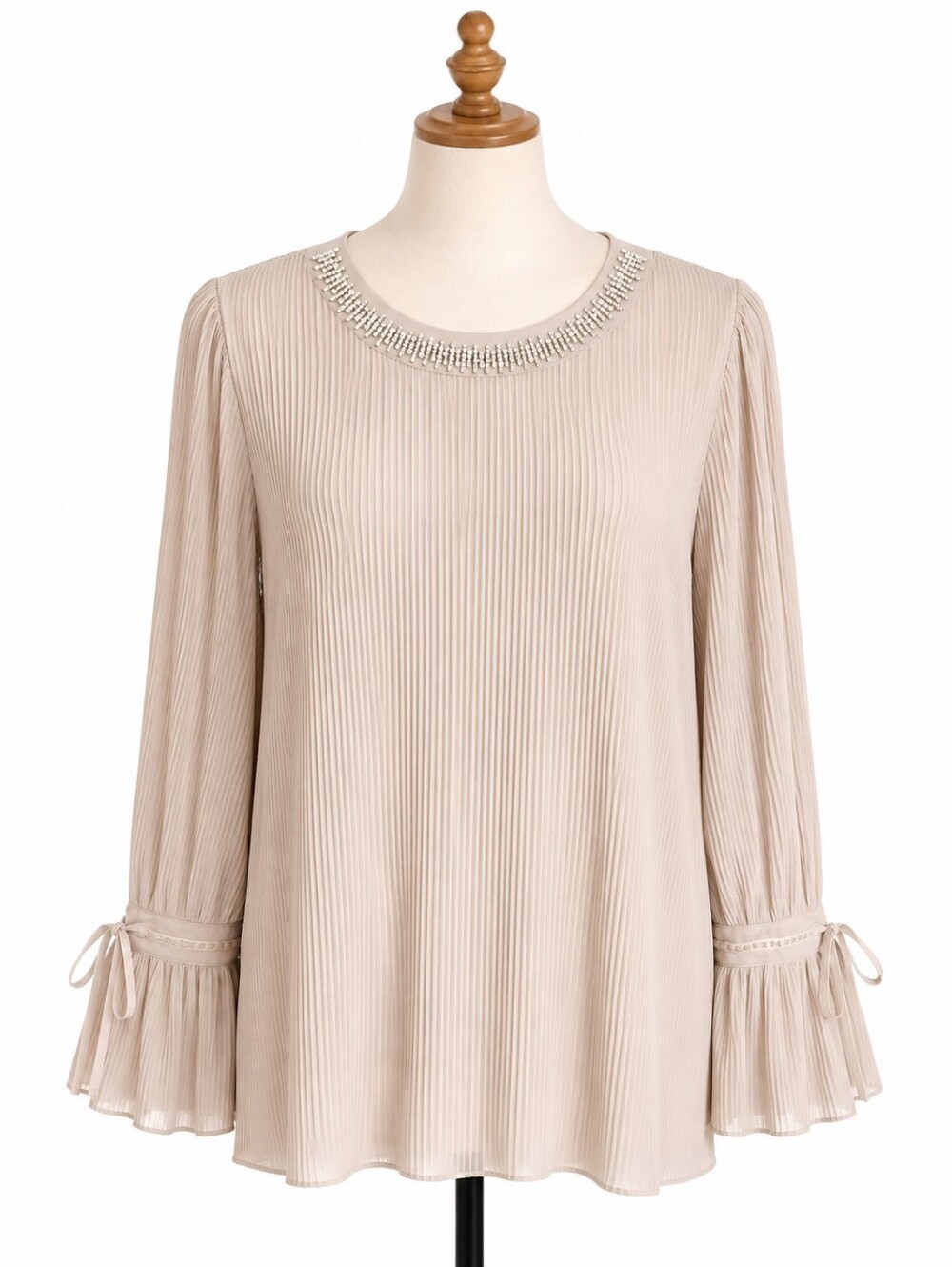 Alfani 2X Blouse NWT Beige Plisse Pleated Rhinestone Neck Bell Sleeve Top Party